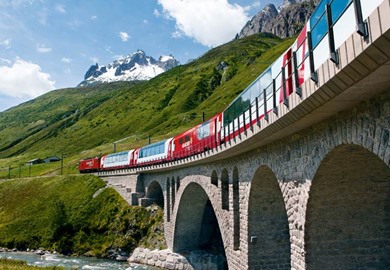 A luxurious train traveling through the Alps